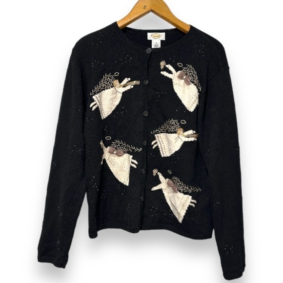 Vintage Talbots Black Beaded Embroidered Angel Sweater Cardigan Womens Sz Medium - Picture 1 of 16